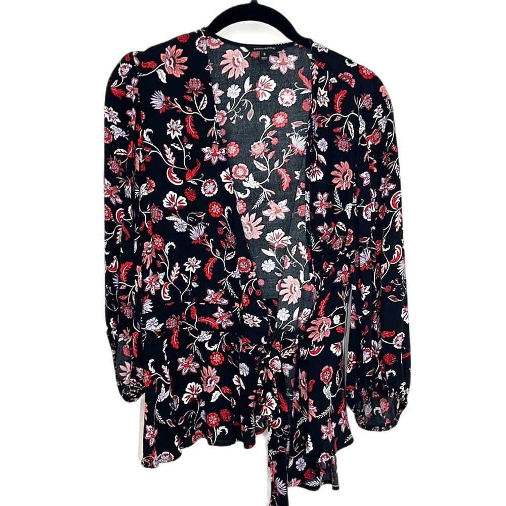 Banana Republic Black Red Floral Tie Waist Blouse Ballon Sleeves Size Small